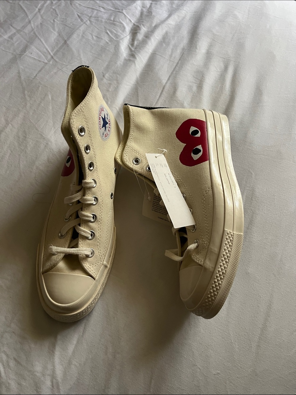 Comme des Garçons PLAY Ivory Canvas High-Top Sneakers with Red Heart